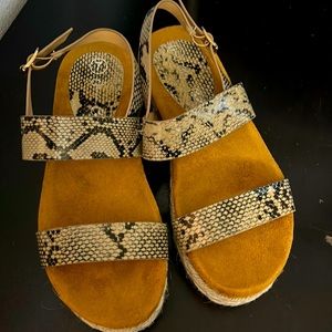 Brown and tan with snake print sandals size 7
